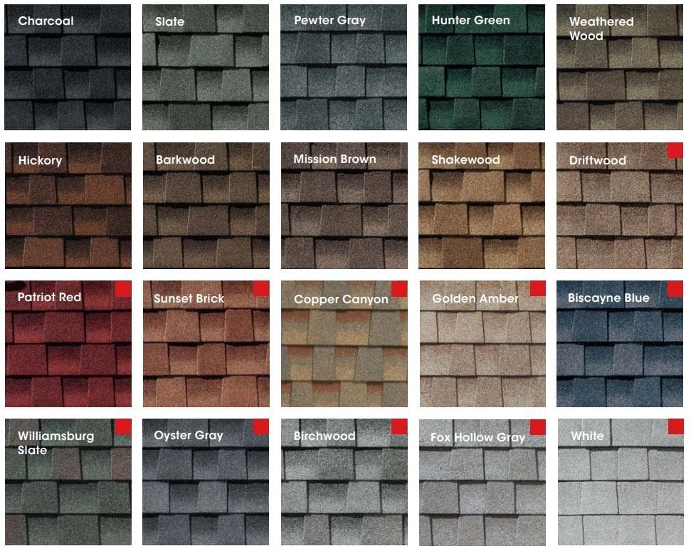 A color chart of different shingles in various colors.